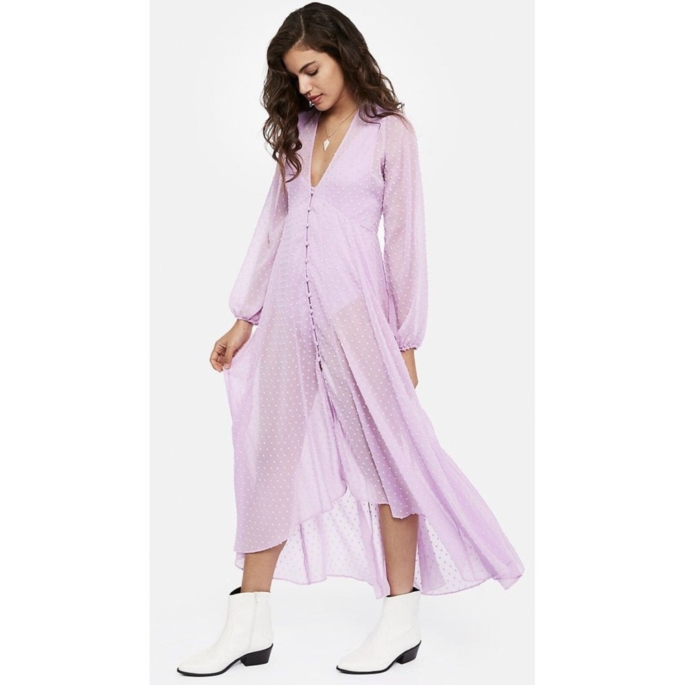 Express x Rocky Barnes Lilac Swiss Dot Sheer Button Front High Low Maxi Dress XS